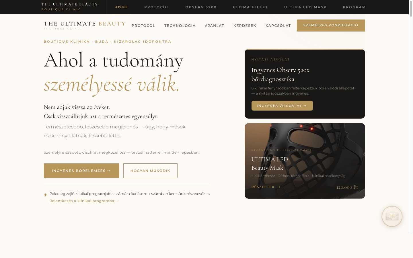 The Ultimate Beauty luxus esztétikai klinika weboldal egyedi design rendszerrel